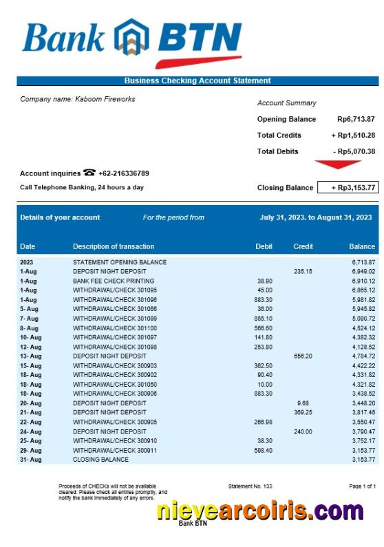 Bank BTN company account statement